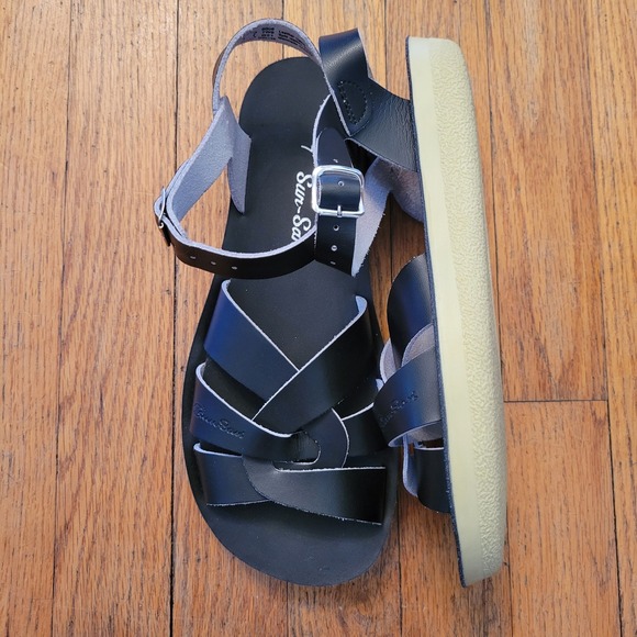 Sun San Sandals Black Leather Strappy Buckle 7 Summer Comfort Neutral Beach - Picture 2 of 9